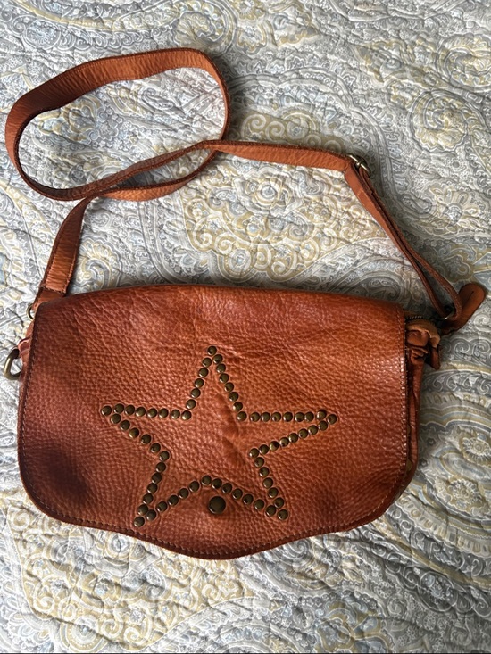 Handbags - Brown Leather Crossbody Bag with Star Stud Detail